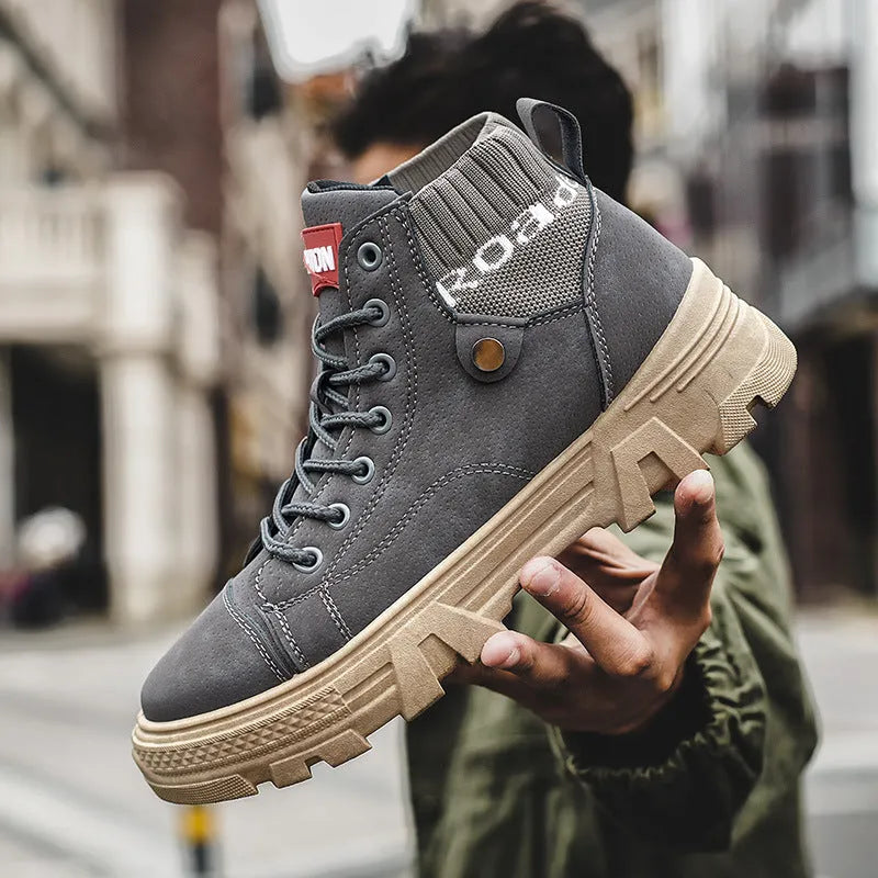 Men's high top Martin boots with frosted leather finish, square heel, and front lace closure