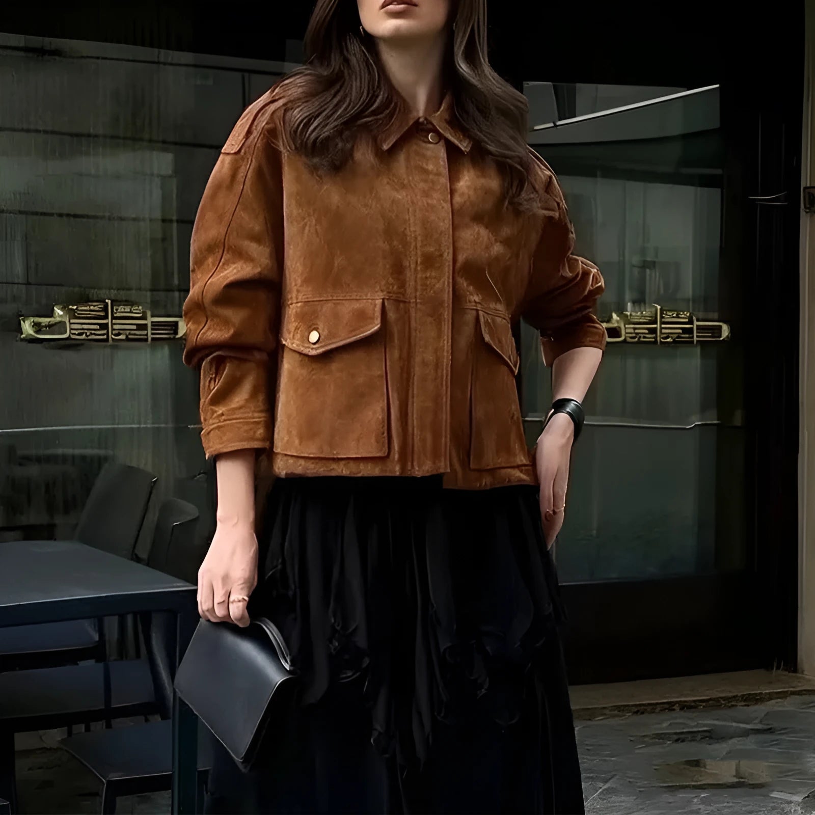 Women's regular sleeve suede coat in bright brown and brown colours showing polyester construction