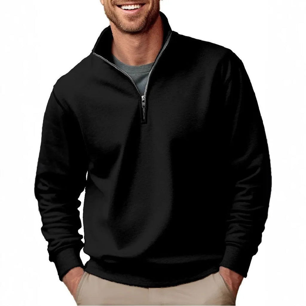 Men's purple casual zipper velvet stand collar solid colour long sleeve pullover sweater with front patch pocket