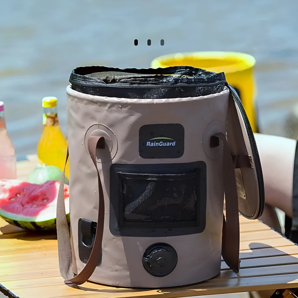 25-litre folding plastic outdoor fishing bucket shown in lemon yellow colour with optional built-in mesh net pocket