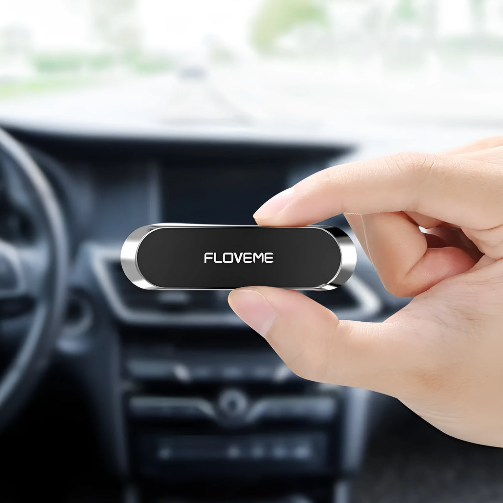 Black magnetic car phone holder with silver iron plate and foam adhesive for dashboard or windscreen mounting
