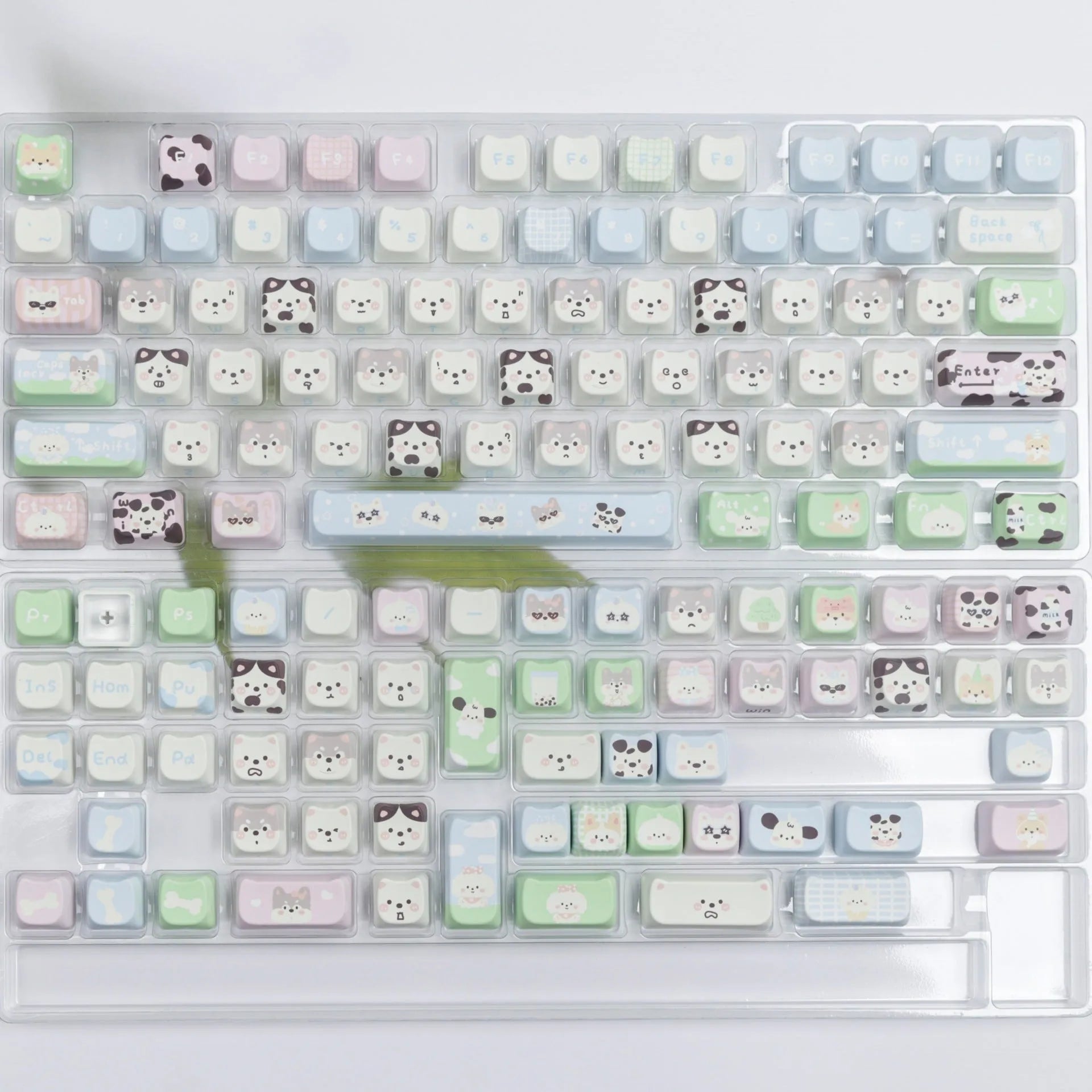 Full set of PBT keycaps for mechanical keyboards with colourful sublimation printed cat and puppy designs