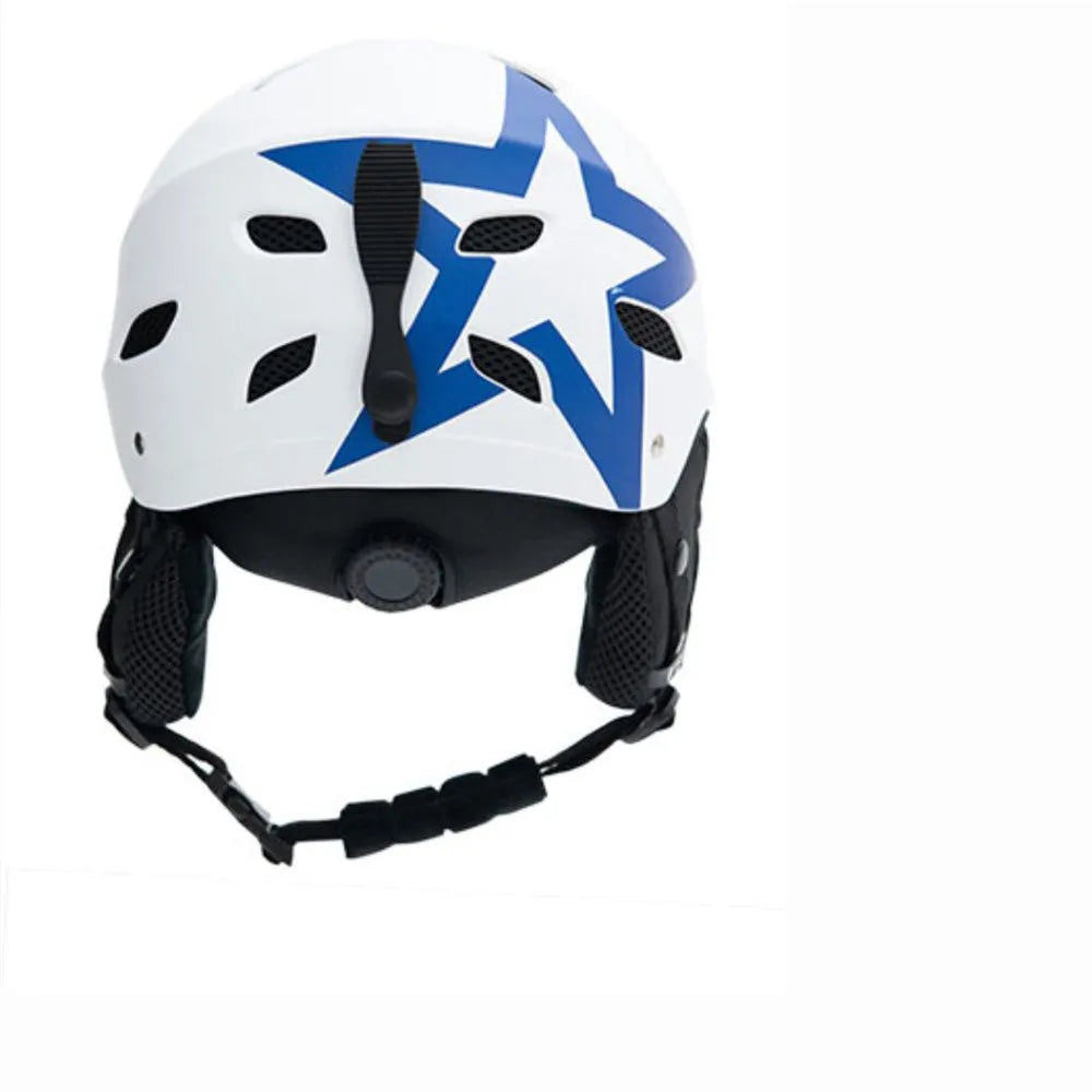 Men's protective ski helmet with ABS shell and EPS liner shown in blue and white heart design.