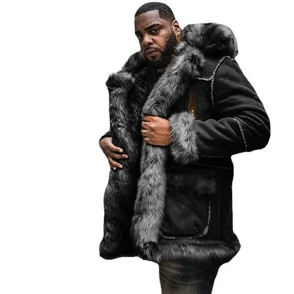 Western-style tribal warm faux fur coat in solid colour cardigan style with zippered pocket, polyester lining