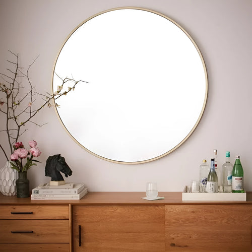 Round metal frame bathroom wall mirror in black finish showing 30cm diameter