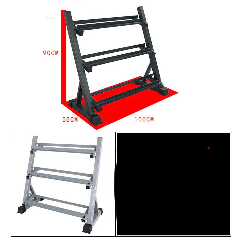 Three-layer black dumbbell rack with square tube and angle iron frame, 99x54x95cm