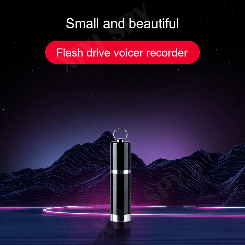Black metal voice recorder with headset, available in 4GB, 8GB, 16GB, 32GB storage.