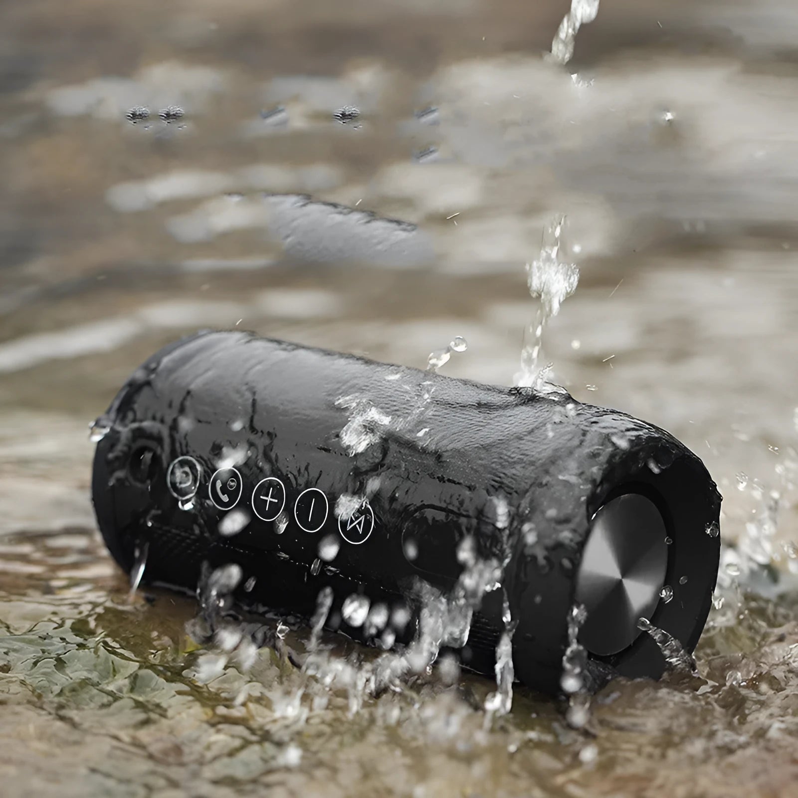 Waterproof portable Bluetooth outdoor speaker in black, camouflage, grey, or red colours.