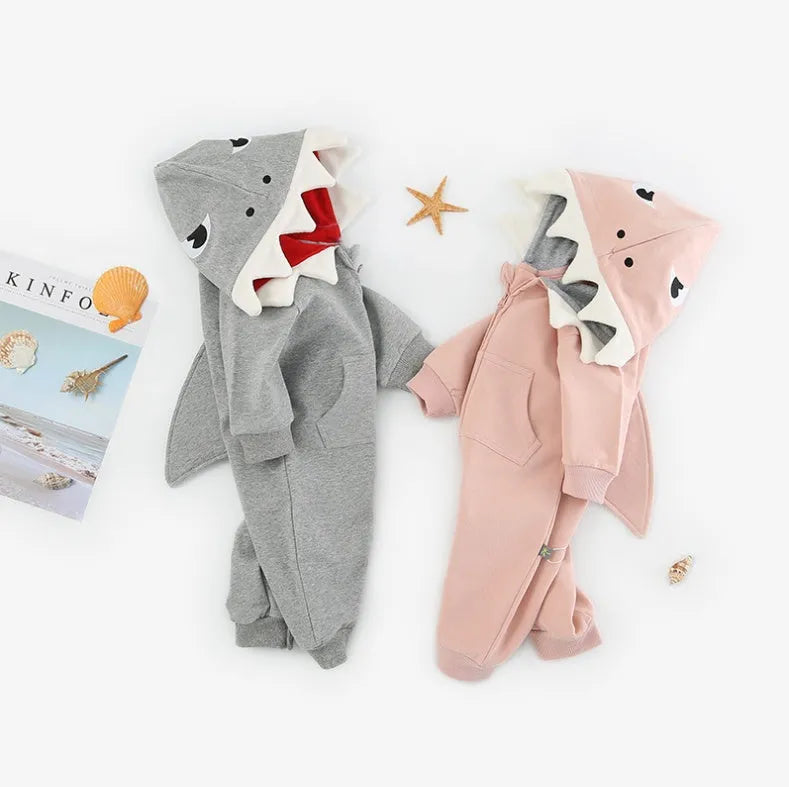 Cartoon shark hooded robe for children, pink, with long sleeves and zipper, suitable for 66cm height