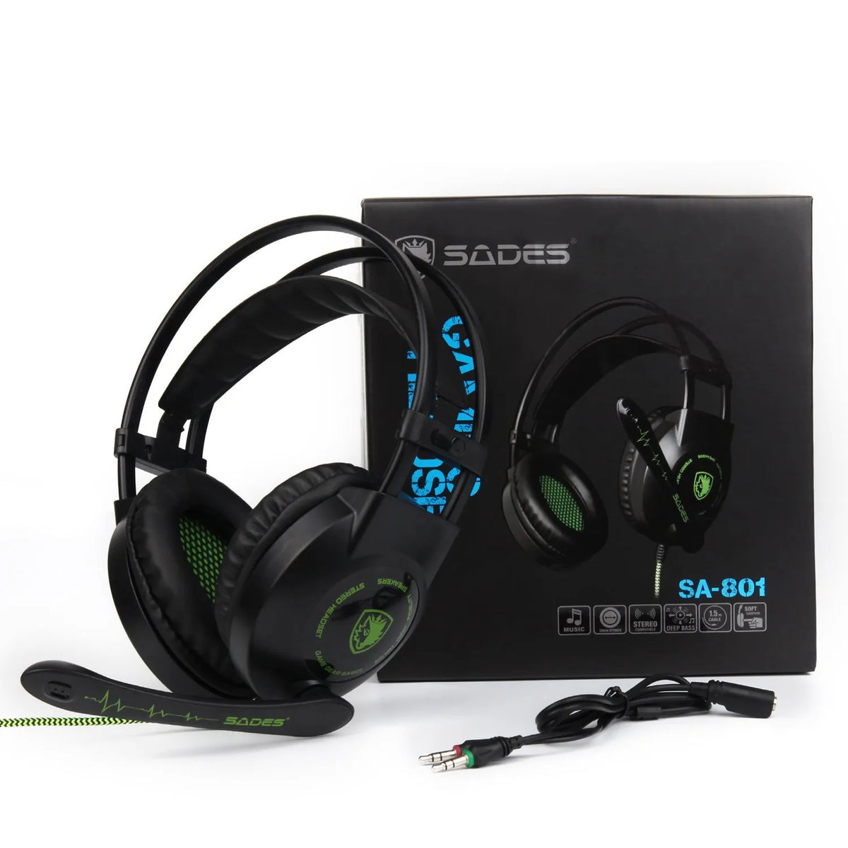 Green wired gaming headset with USB plug, ear-hook design, and microphone