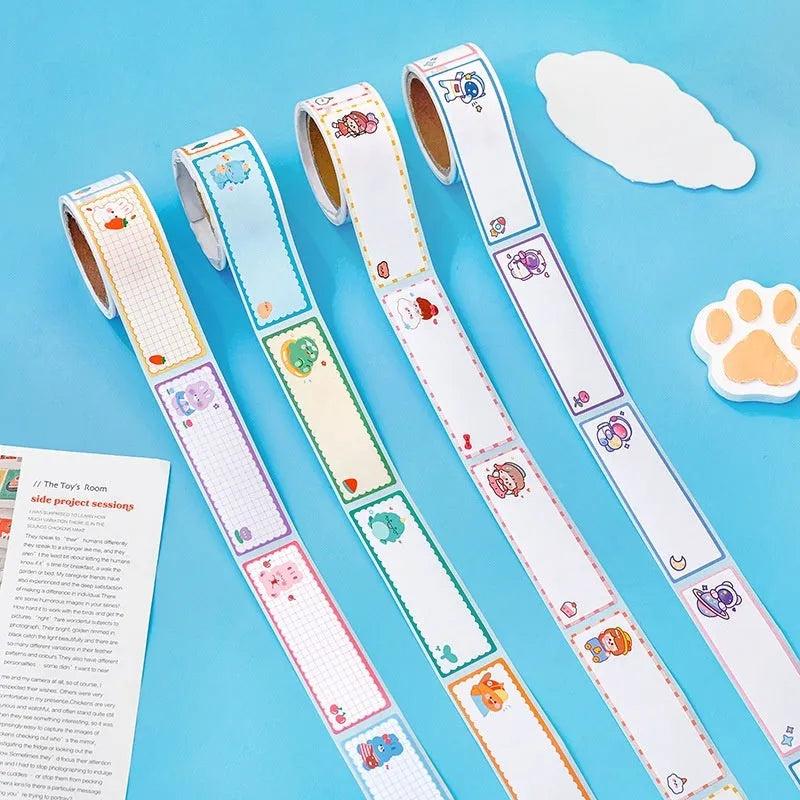 Roll of cartoon name stickers with dinosaur, astronaut, rabbit and girl design options