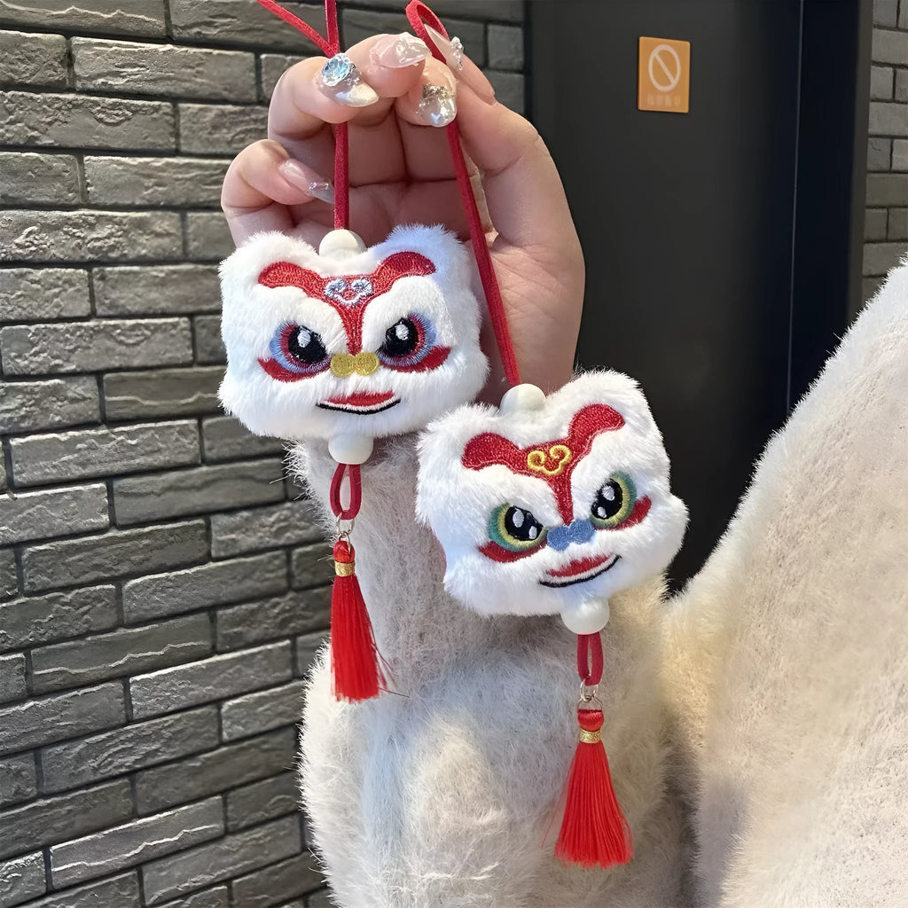 Blue and yellow Chinese style plush lion keychain ornament with tassels and star stone decoration
