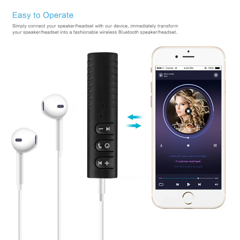 Black Bluetooth audio receiver car kit with 3.5mm jack for wireless music and hands-free calls