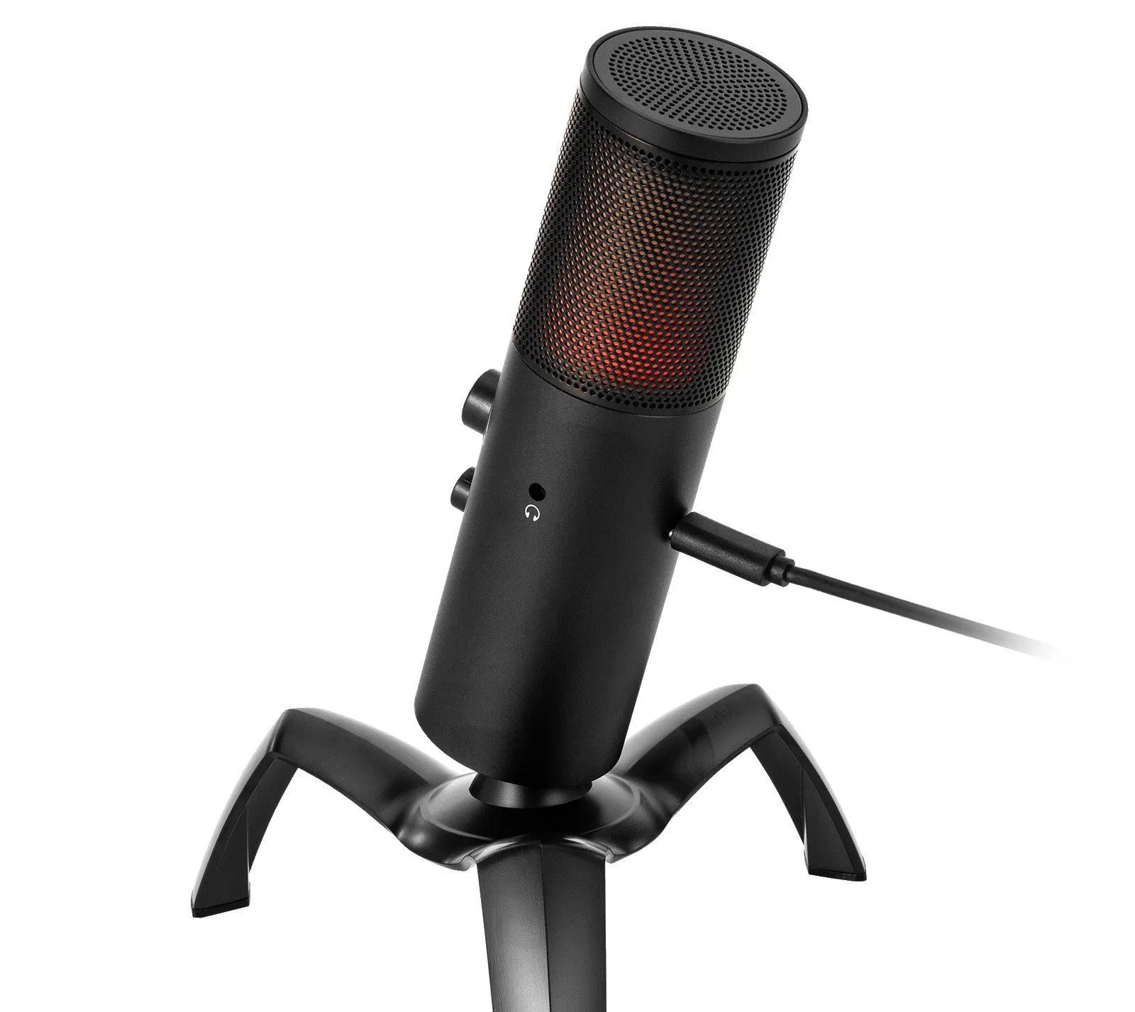 Black Q18 bidirectional condenser microphone with RGB lighting on adjustable tripod stand
