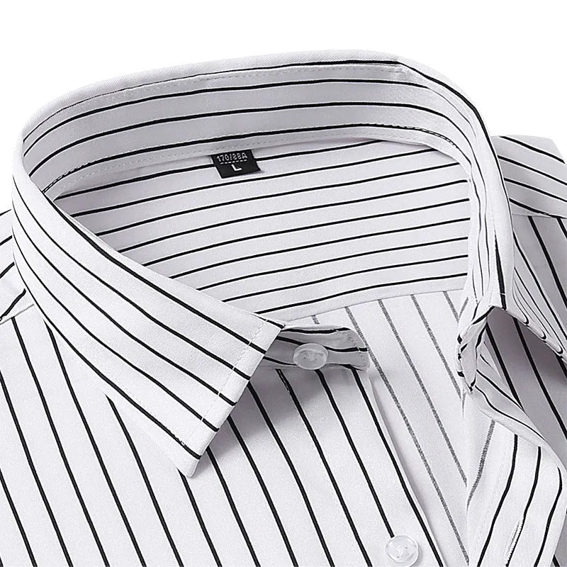 Men's striped ice silk long sleeve business formal shirt in white stripes, slim fit, polyester blend cardigan style