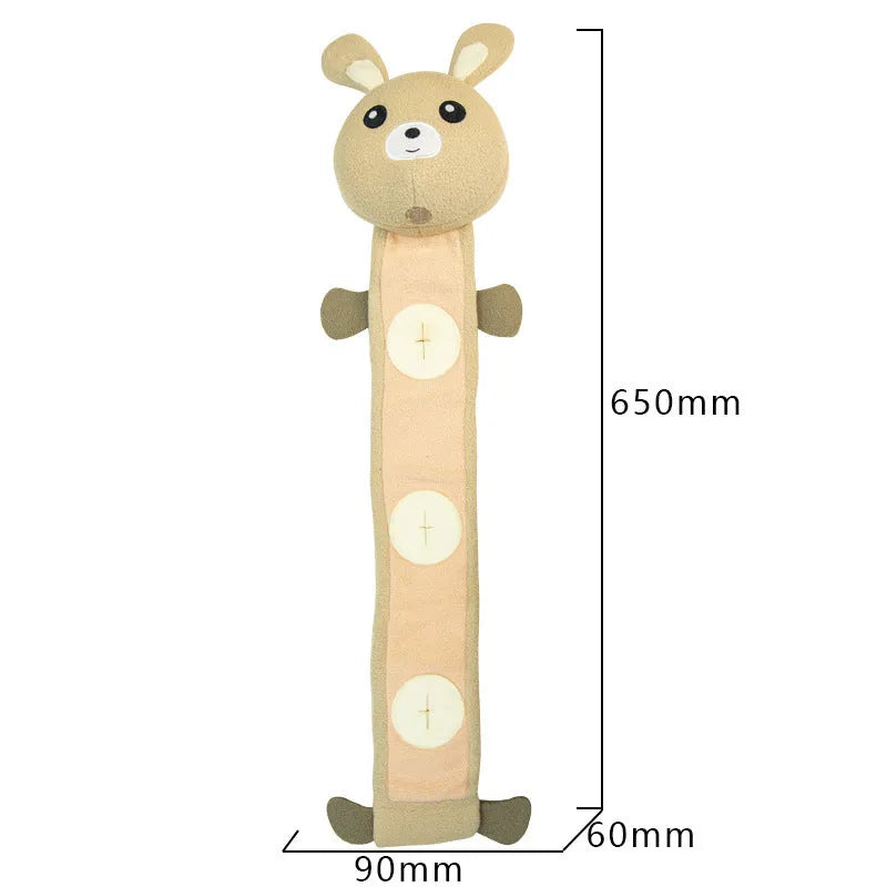 Poached bunny coloured plush dog toy with food compartments measuring 650mm long