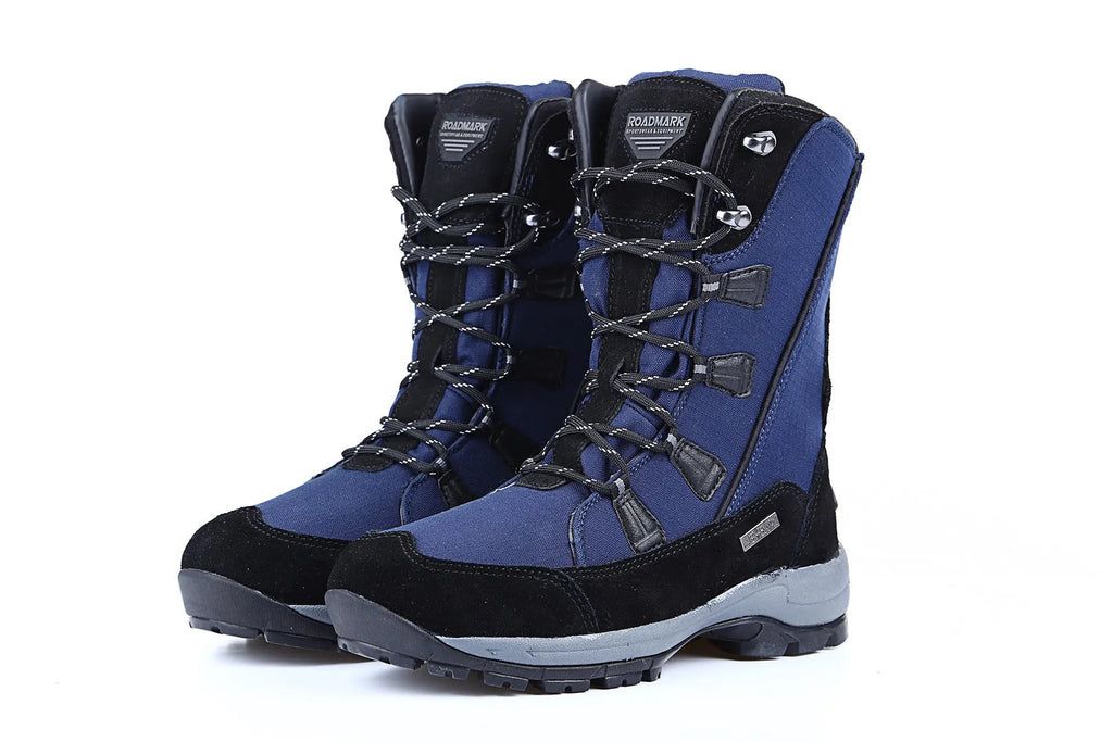 Women's black thermal snow boots with genuine leather upper and rubber sole