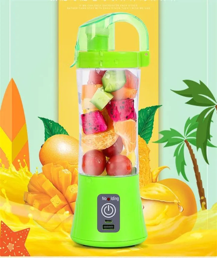 Blue handheld electric fruit juicer with USB charging port and 400ml capacity measurement