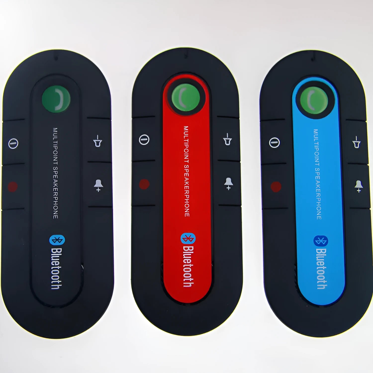 Car Bluetooth handsfree unit mounted on sun visor with charger and cable