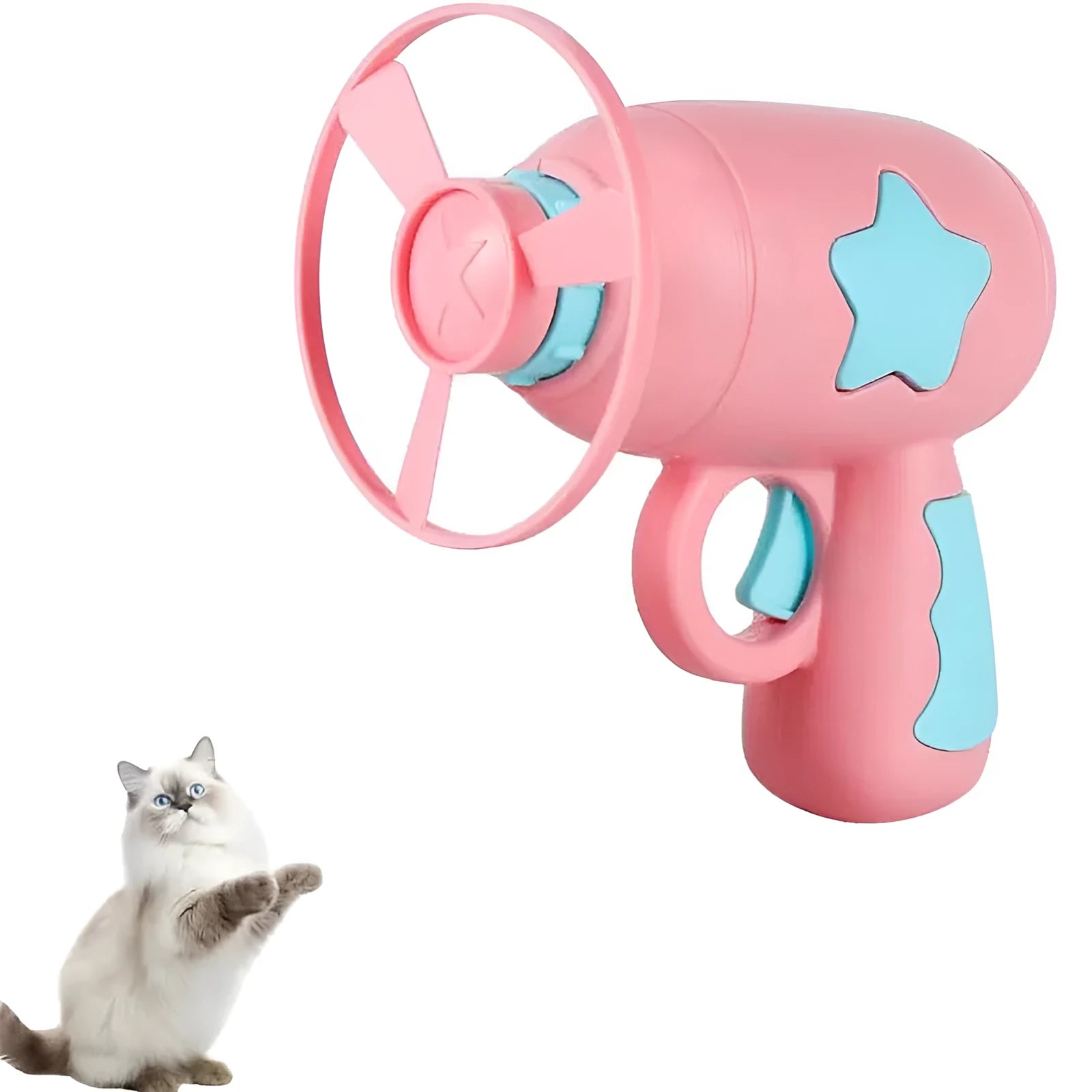 Blue interactive cat toy gun with plastic Frisbee on launch mechanism for indoor hunting play