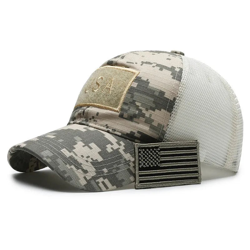 Adjustable Velcro tactical camouflage baseball cap with machine embroidery on cotton dome crown