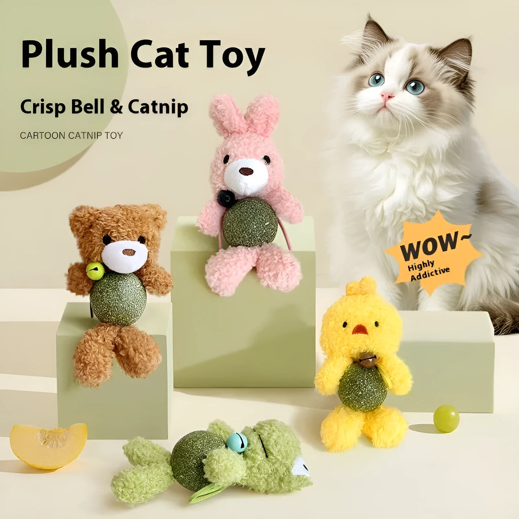 Plush catnip ball toy with bell in animal designs for kitten biting relief