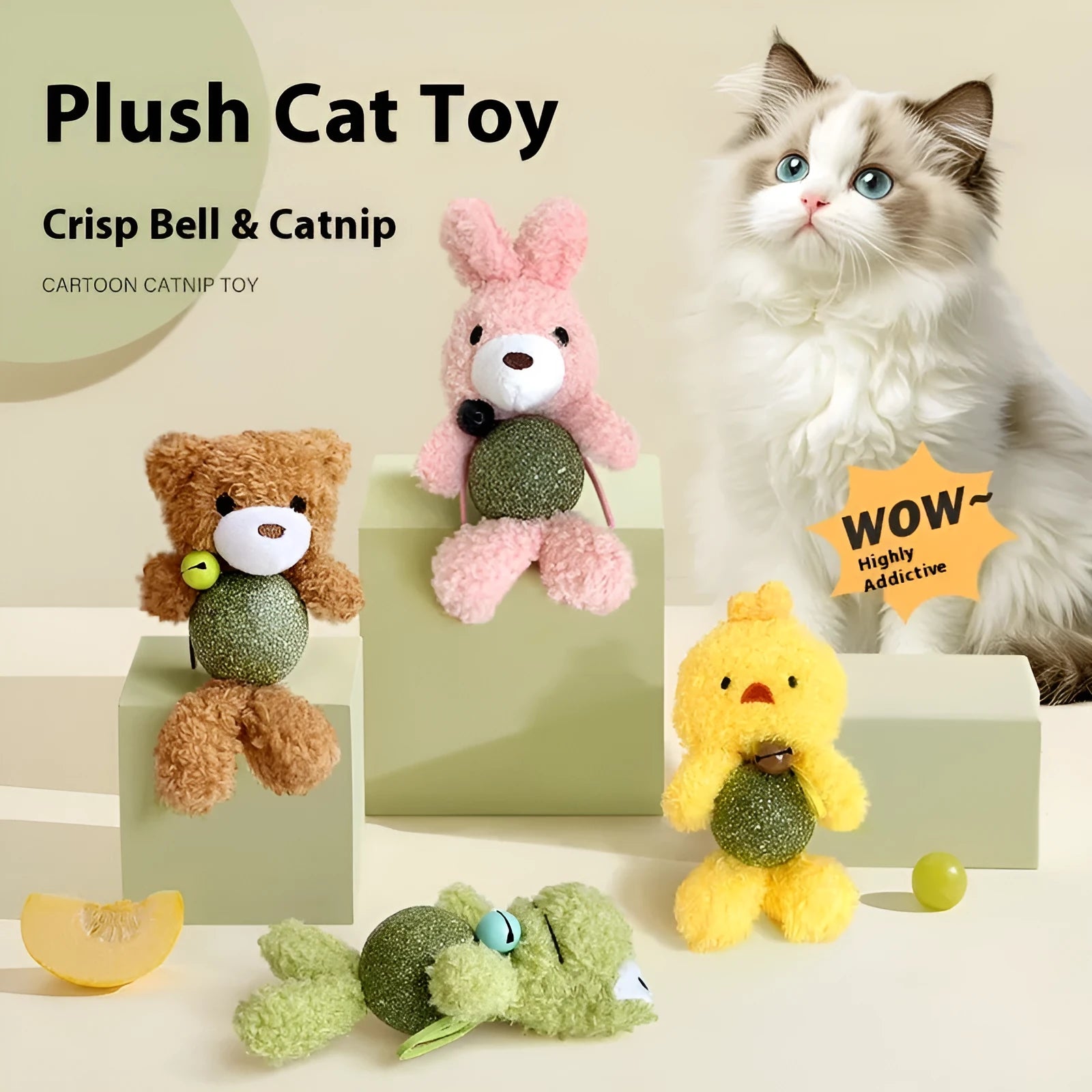 Plush catnip ball toy with bell in animal designs for kitten biting relief