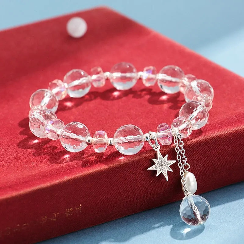 White crystal bracelet for women with diamond shapes and lucky cat charm
