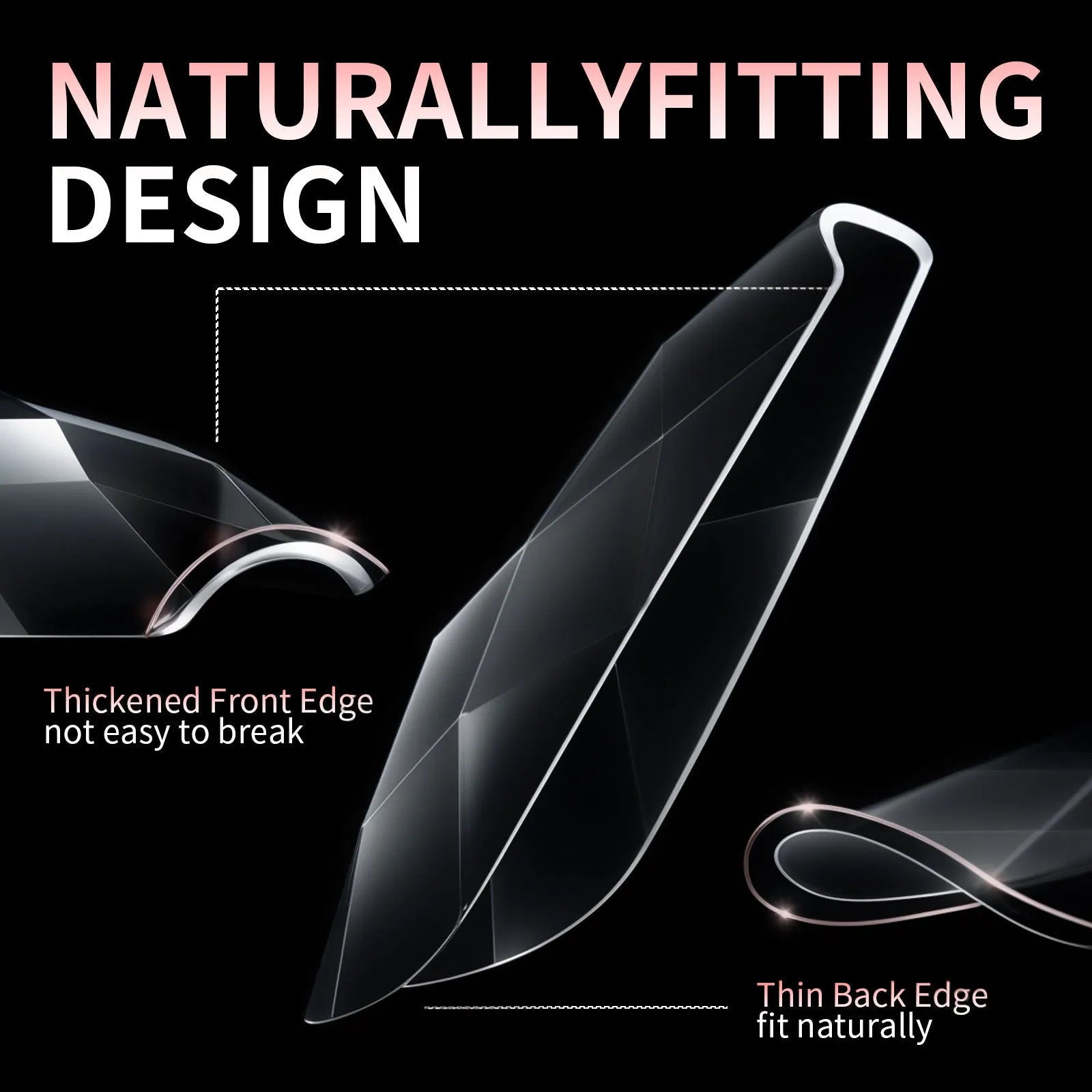 Box of long, shaped false nail tips with glittering diamond texture in various pink and white colours.
