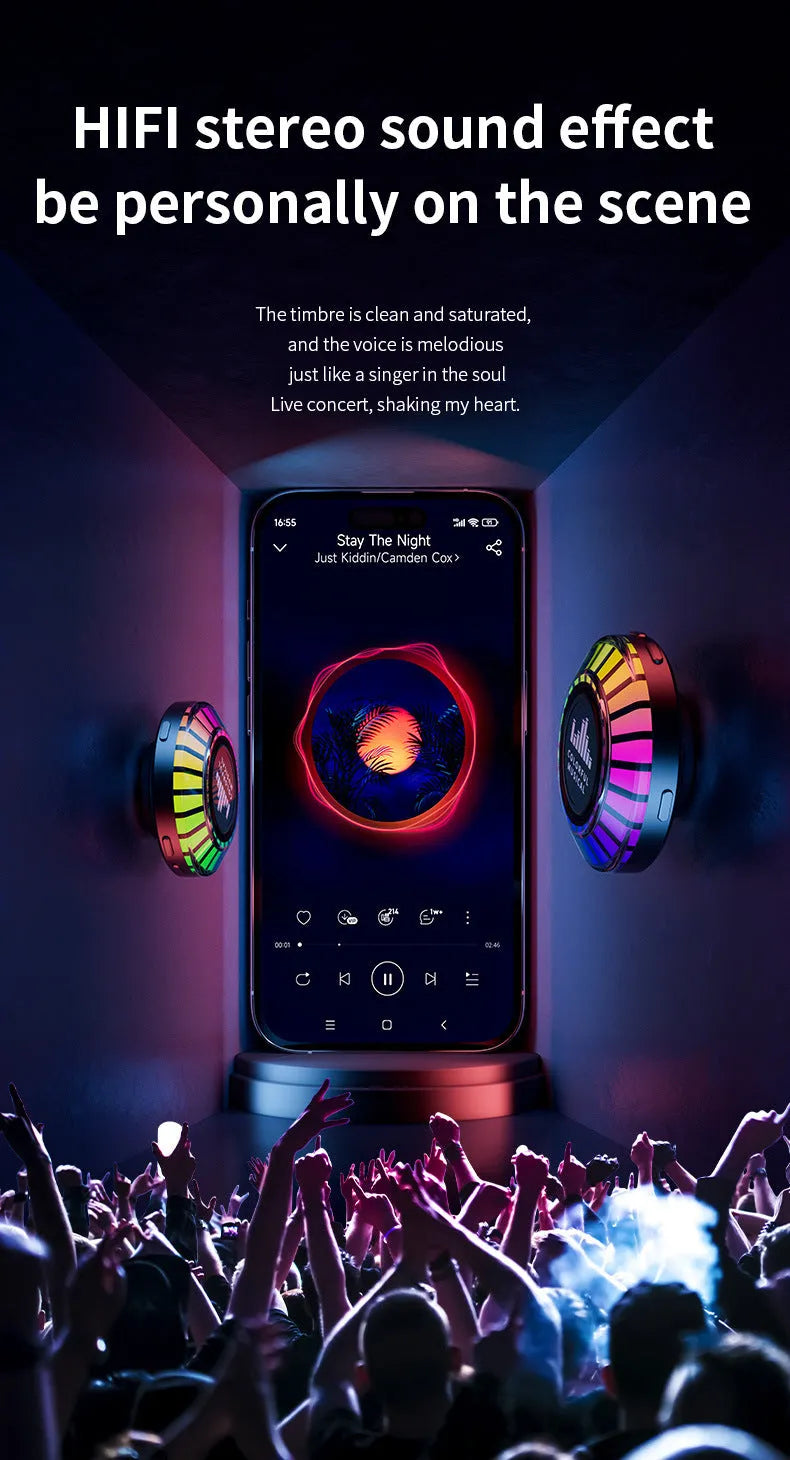 Black portable Bluetooth subwoofer with 72-colour breathing lighting effect for car desktop home use