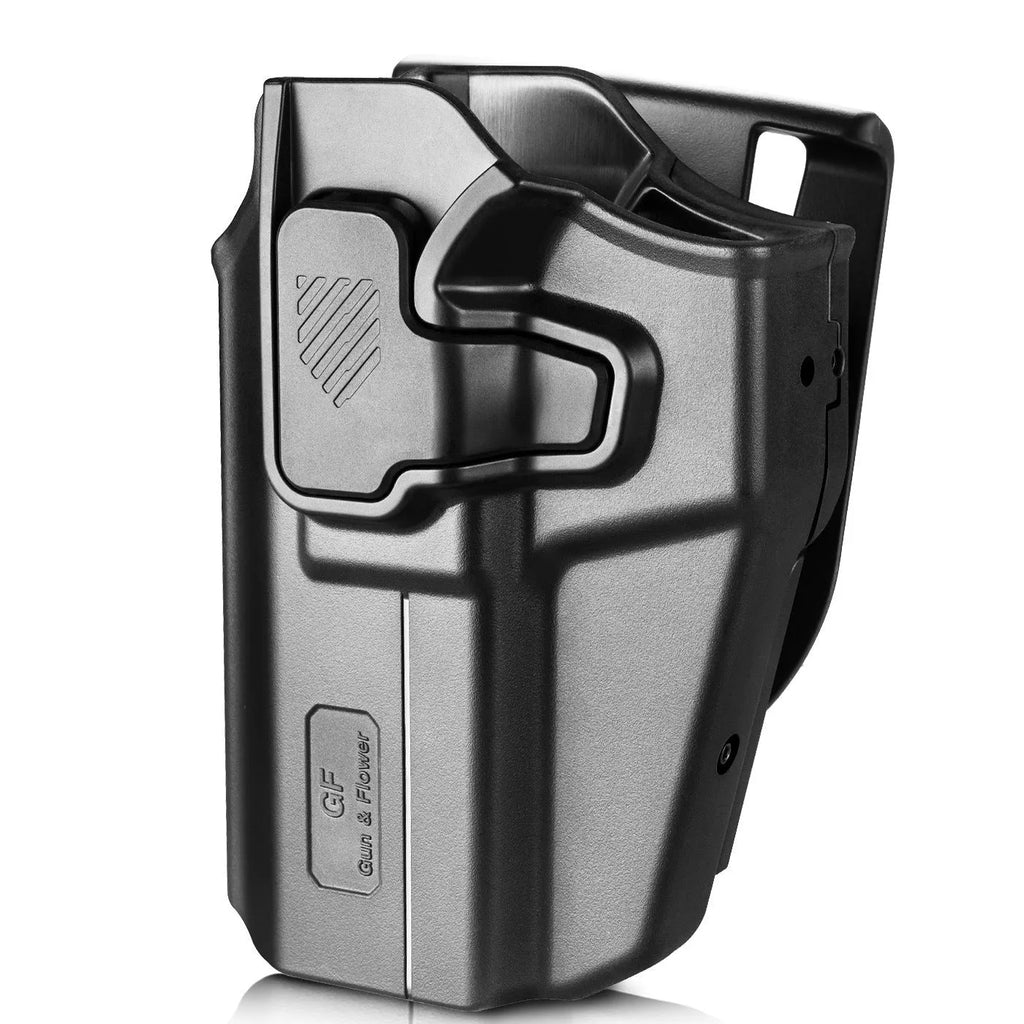 Universal compact full-size quick-draw holster in black with magazine sleeve, left and right hand options