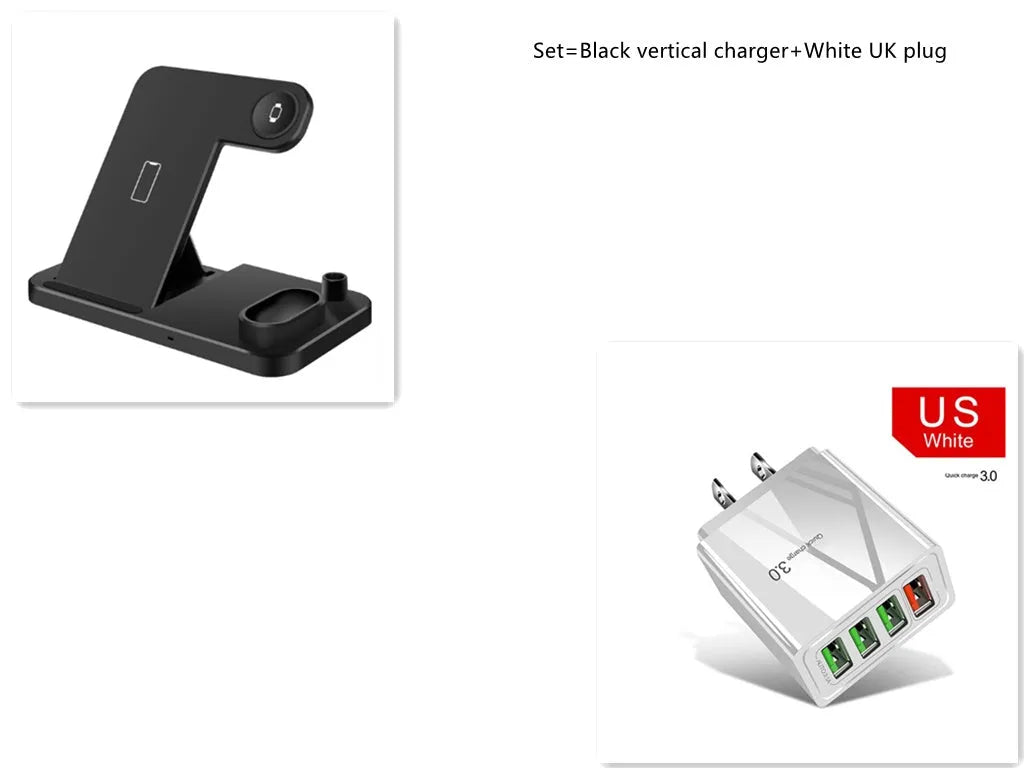 Black 4-in-1 wireless charging station with phone on adjustable stand, Apple Watch, and AirPods charging.