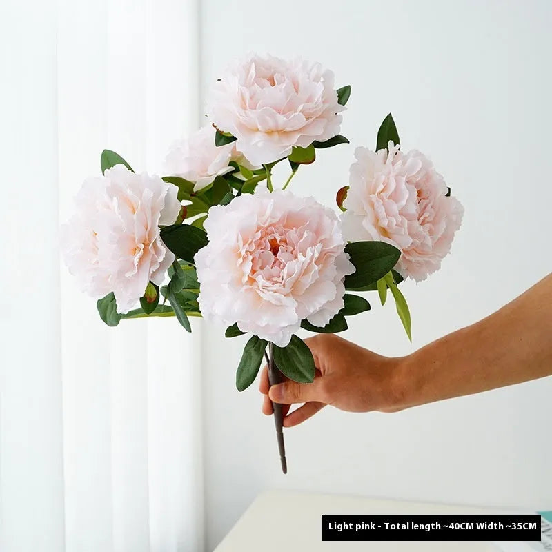 40cm artificial silk peony 5-head bouquet in light champagne colour on white background