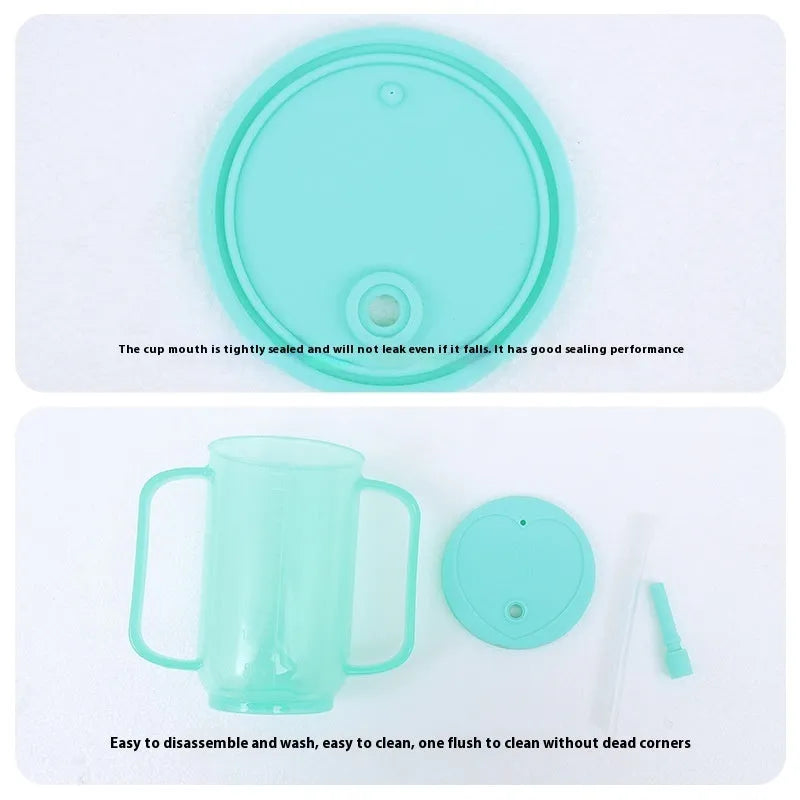 Oblique mouth anti-choke bed care cup with handle and optional wrist splint attachment