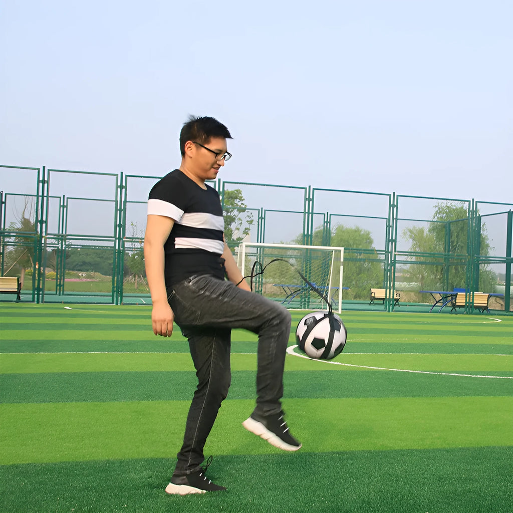Black football juggling belt made of diving suit fabric, shown at its full 2-metre length for training.