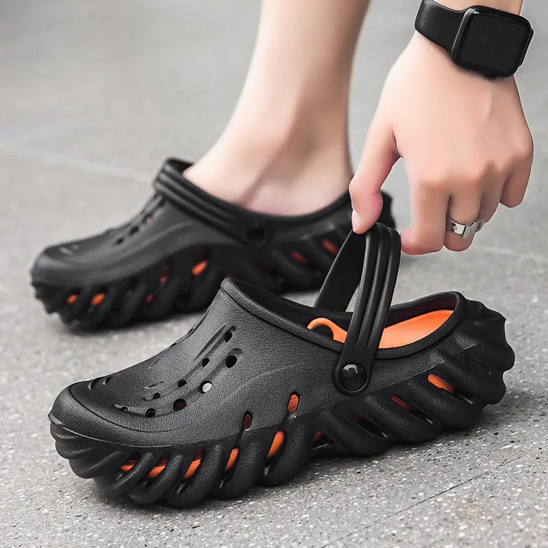 Men's beige EVA slipper sandals with hollow-out holes and round-toe design for outdoor wear