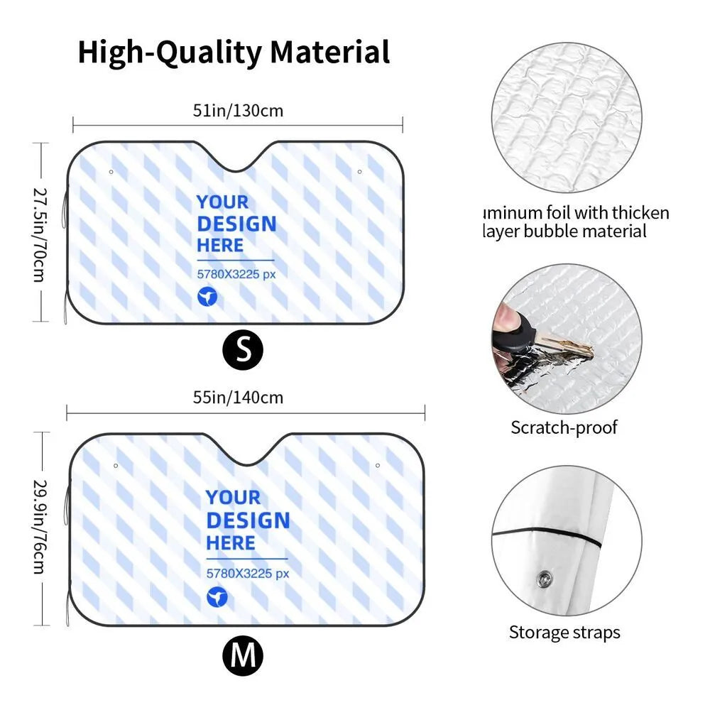 Stiff black heat insulation car windshield sunshade with polyester and bubble aluminium film attached via suction cups
