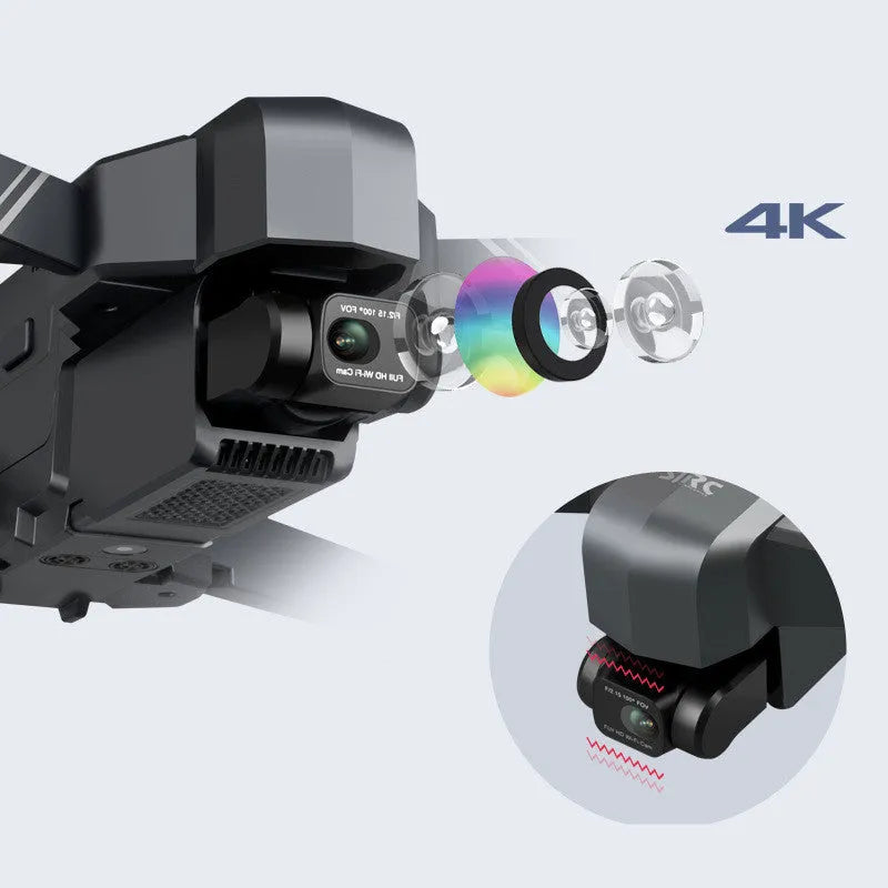 Black F11s PRO GPS folding drone with 4K camera and gimbal, shown in both expanded and compact folded sizes.