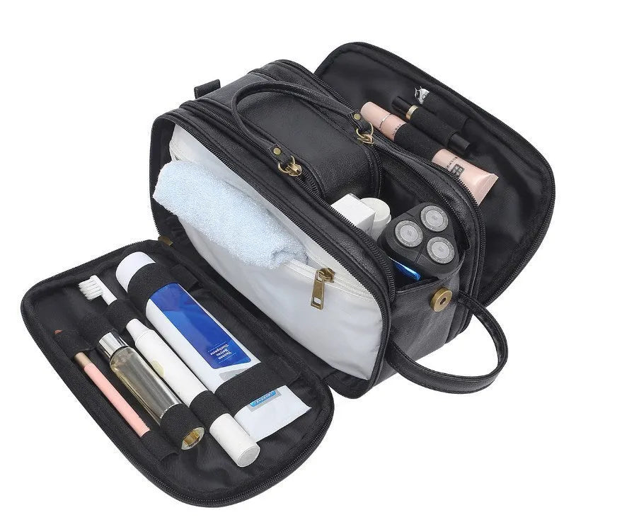 Men's black and brown Pu leather toiletry bags with zip closure for travel storage