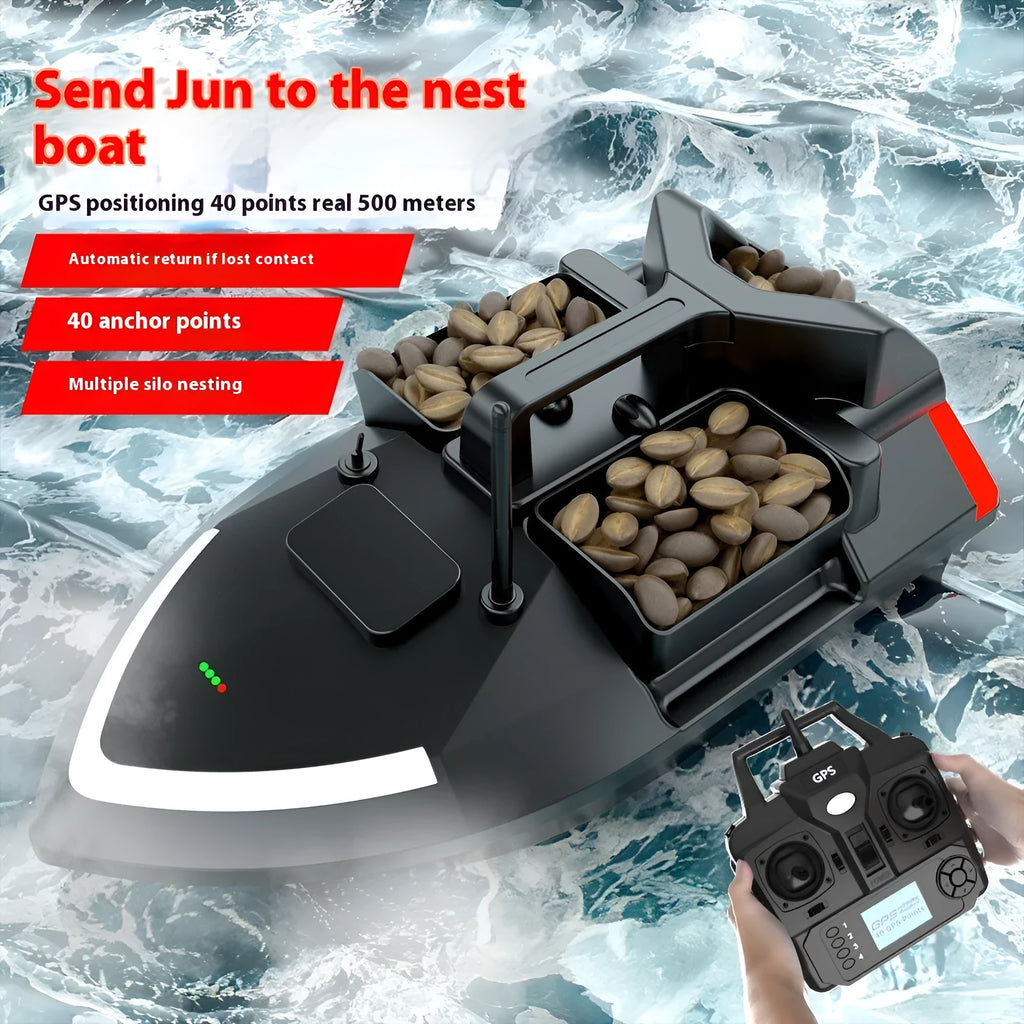 Black and luminous yellow remote control GPS fishing boat with LED light on calm water.