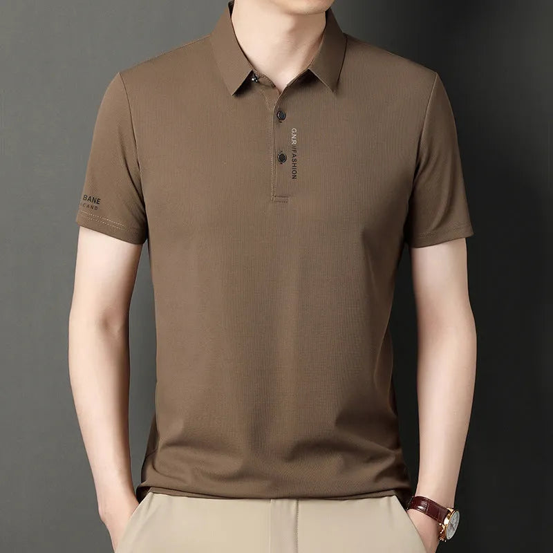 Men's waffle short sleeve polo shirt in bean green, loose fit with side slits, on plain background