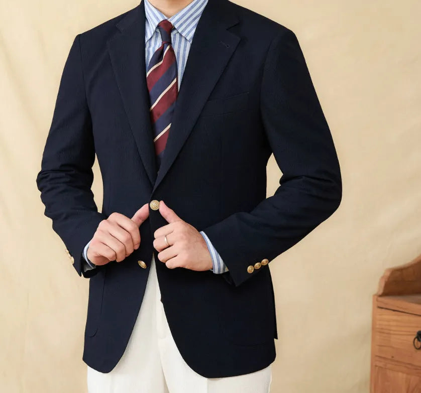 Seersucker single-breasted slim-fit suit blazer in navy blue with double rear slits for summer wear