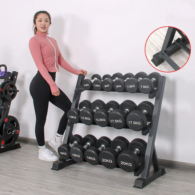 Three-layer black dumbbell rack with square tube and angle iron frame, 99x54x95cm