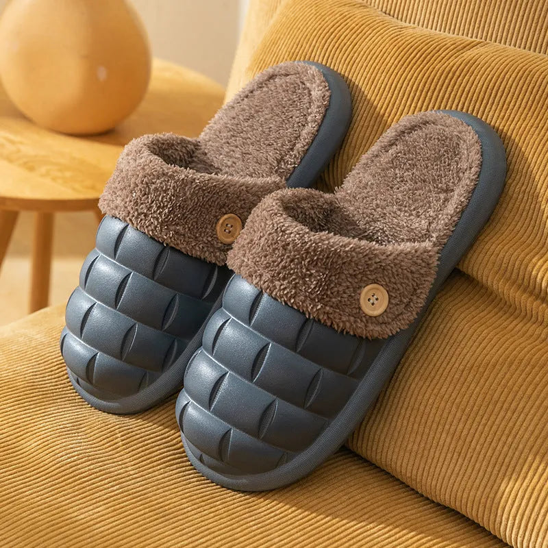 Plaid detachable slippers for women with plush lining and EVA sole in pink, shown on a wooden floor.
