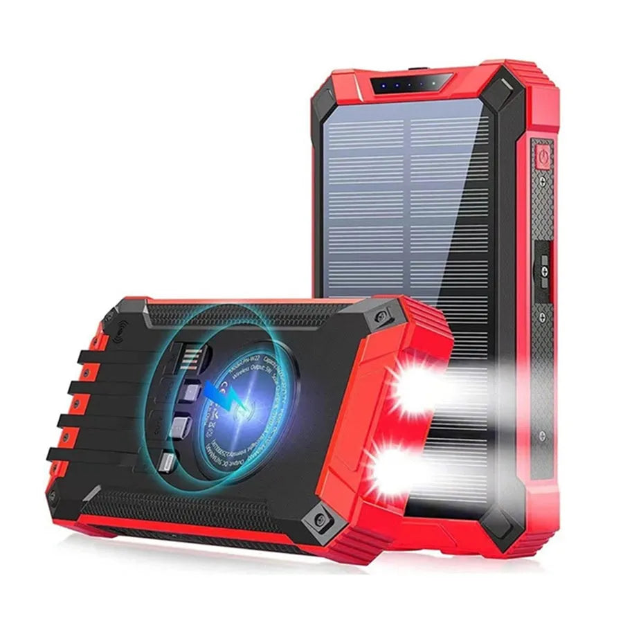 Outdoor solar power bank 20000mAh portable charger in industrial style with plastic shell in red colour