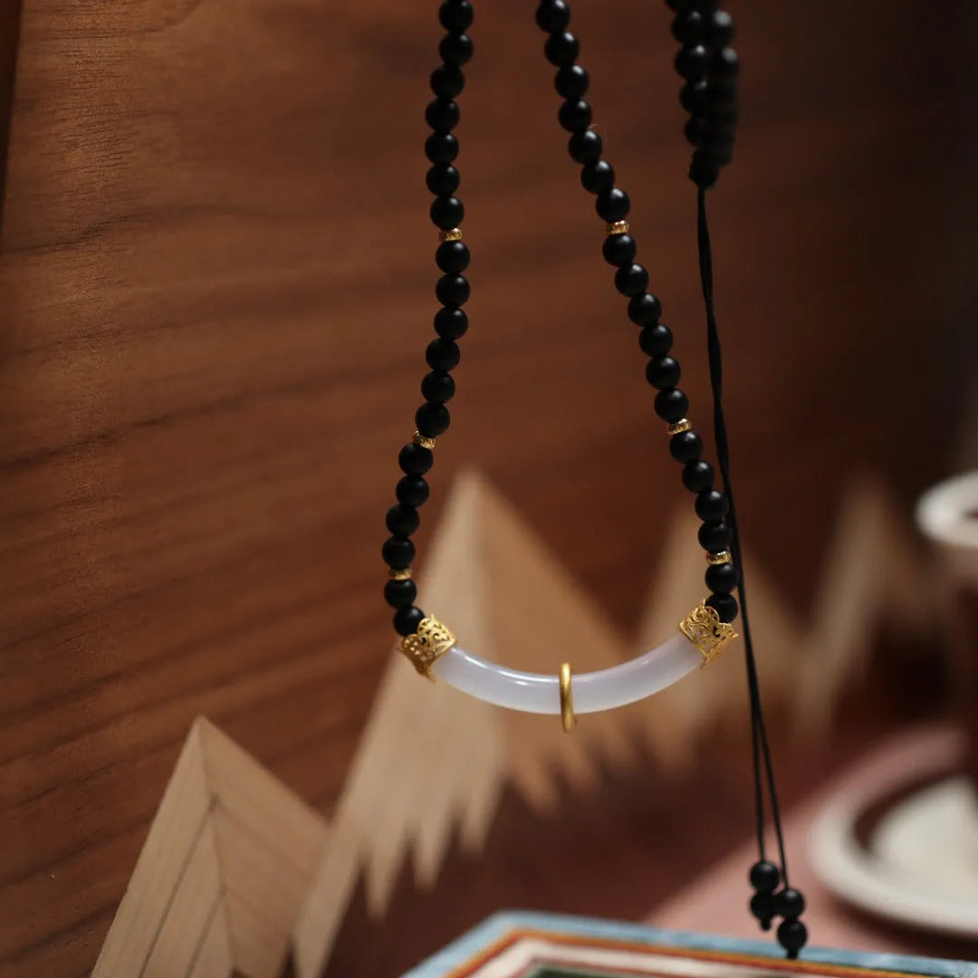 Natural frosted black agate white chalcedony necklace with 925 silver pendant