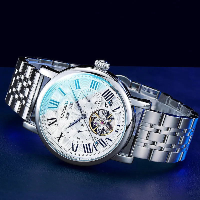 Men's automatic waterproof watch with stainless steel strap in business style, showing black and white colour options