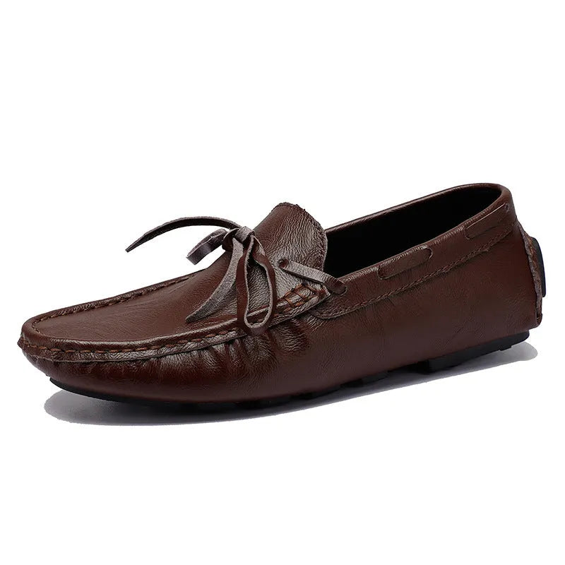 Summer men's genuine leather casual shoes in brown with sewing line detail