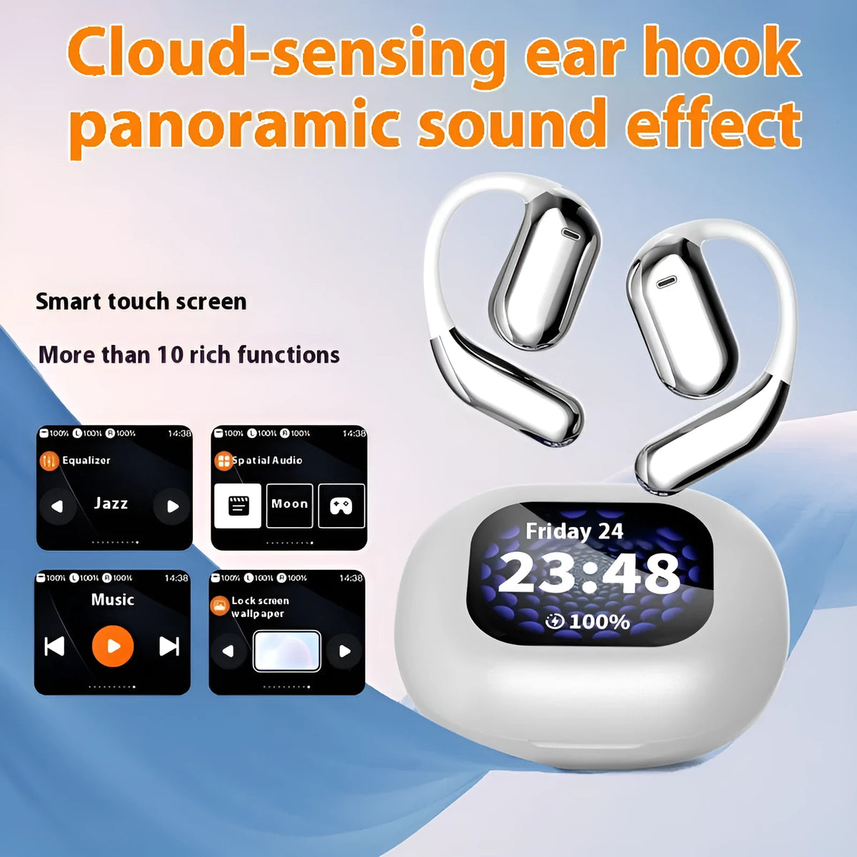 LED display ear-mounted OWS Bluetooth headset in gray with digital battery indicator and ear hook design