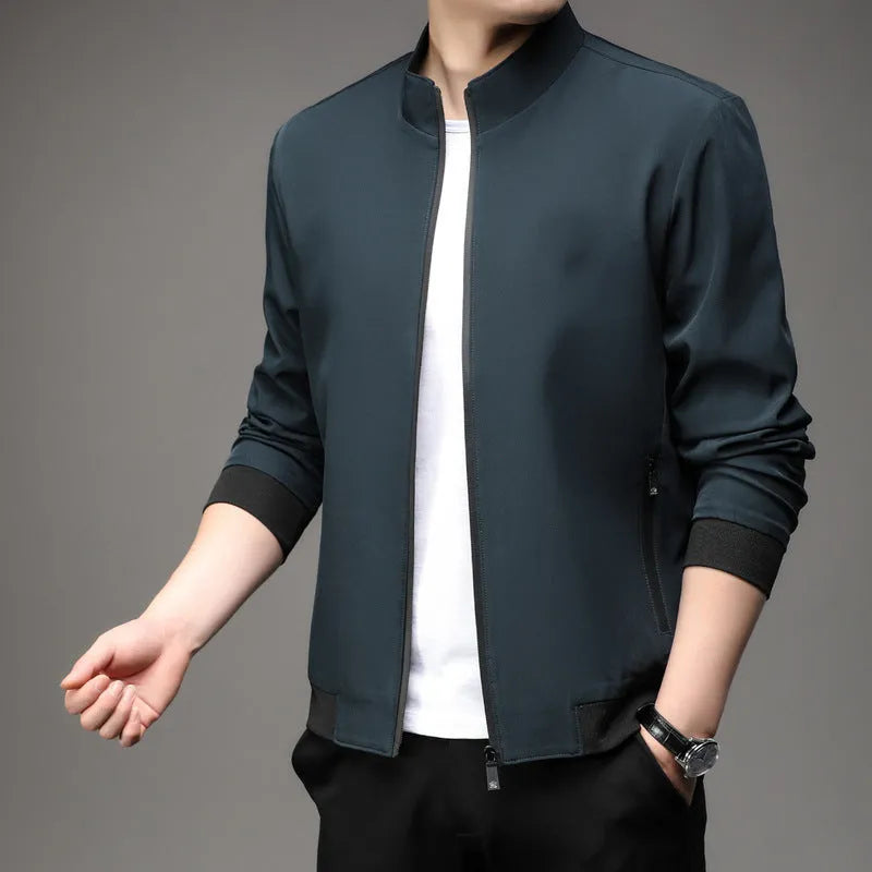 Korean style loose lapel casual jacket in black, lightweight polyester blend construction with zipper closure